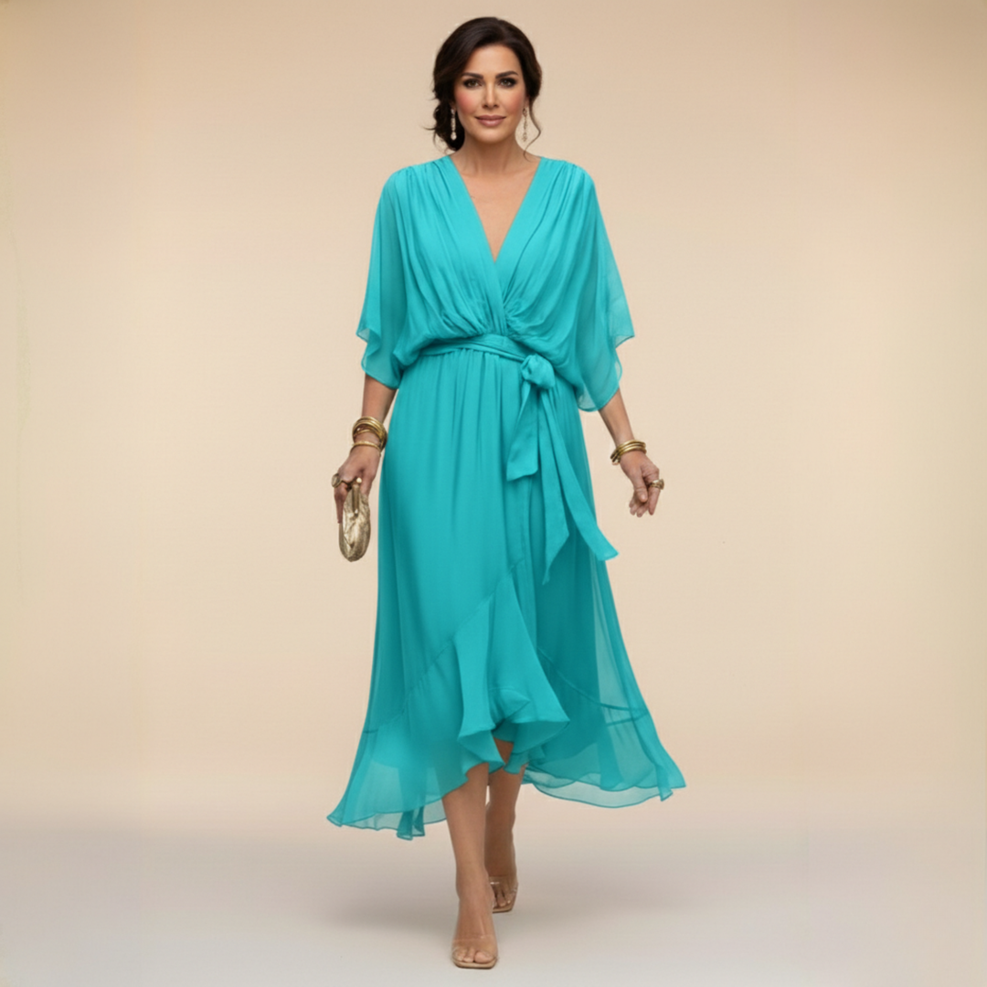 Charlotte Elegant V-Neck Flowy Sleeve Midi Dress