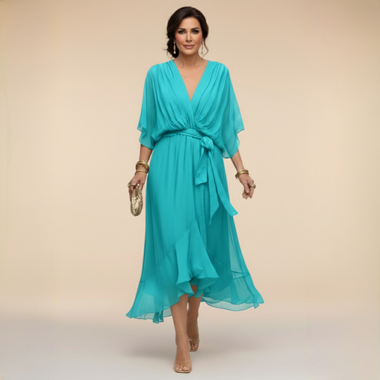 Charlotte Elegant V-Neck Flowy Sleeve Midi Dress