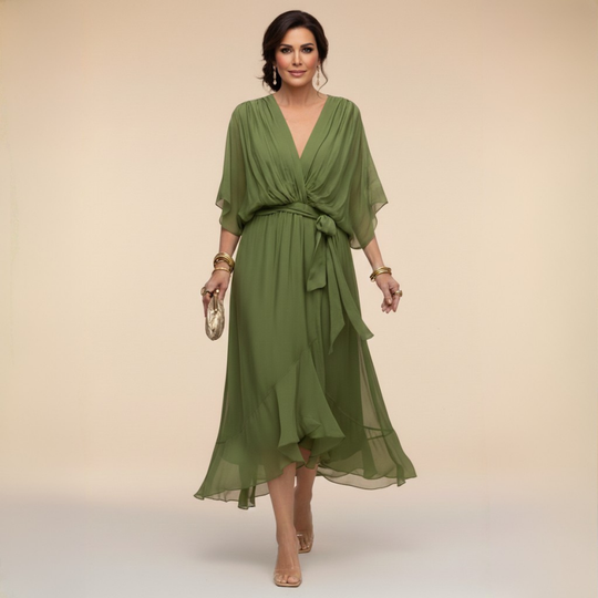 Charlotte Elegant V-Neck Flowy Sleeve Midi Dress