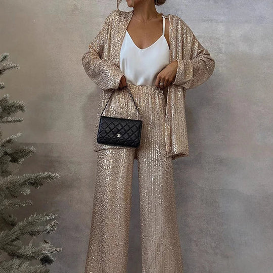 Joliea Two Piece Sequin Set with High-Waisted Pants
