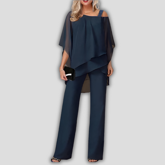 Heloise Chiffon Pantsuit with Layered Cape Top Two Piece