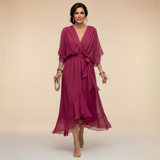 Charlotte Elegant V-Neck Flowy Sleeve Midi Dress