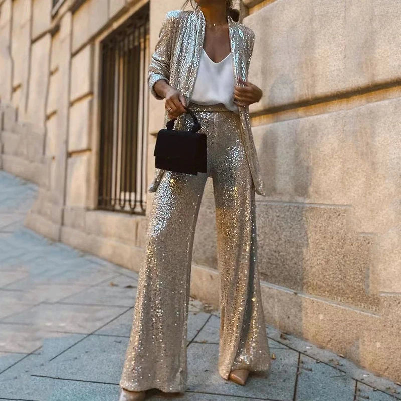 Joliea Two Piece Sequin Set with High-Waisted Pants