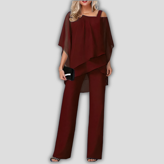 Heloise Chiffon Pantsuit with Layered Cape Top Two Piece