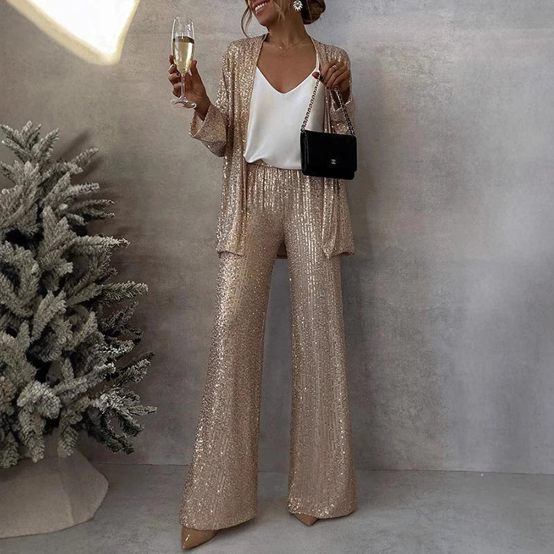 Joliea Two Piece Sequin Set with High-Waisted Pants