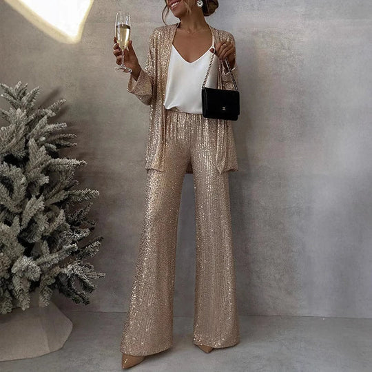 Joliea Two Piece Sequin Set with High-Waisted Pants