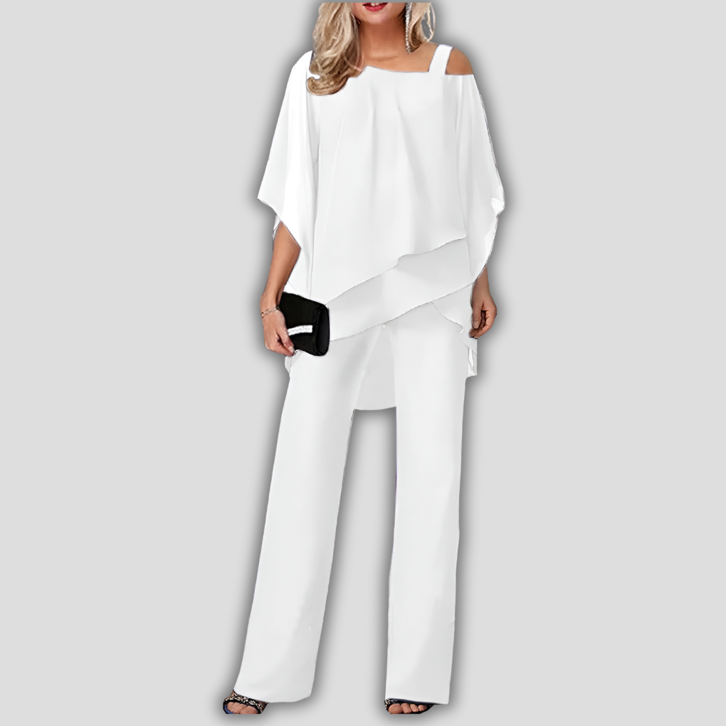 Heloise Chiffon Pantsuit with Layered Cape Top Two Piece