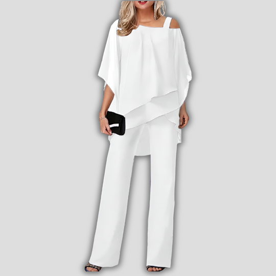 Heloise Chiffon Pantsuit with Layered Cape Top Two Piece