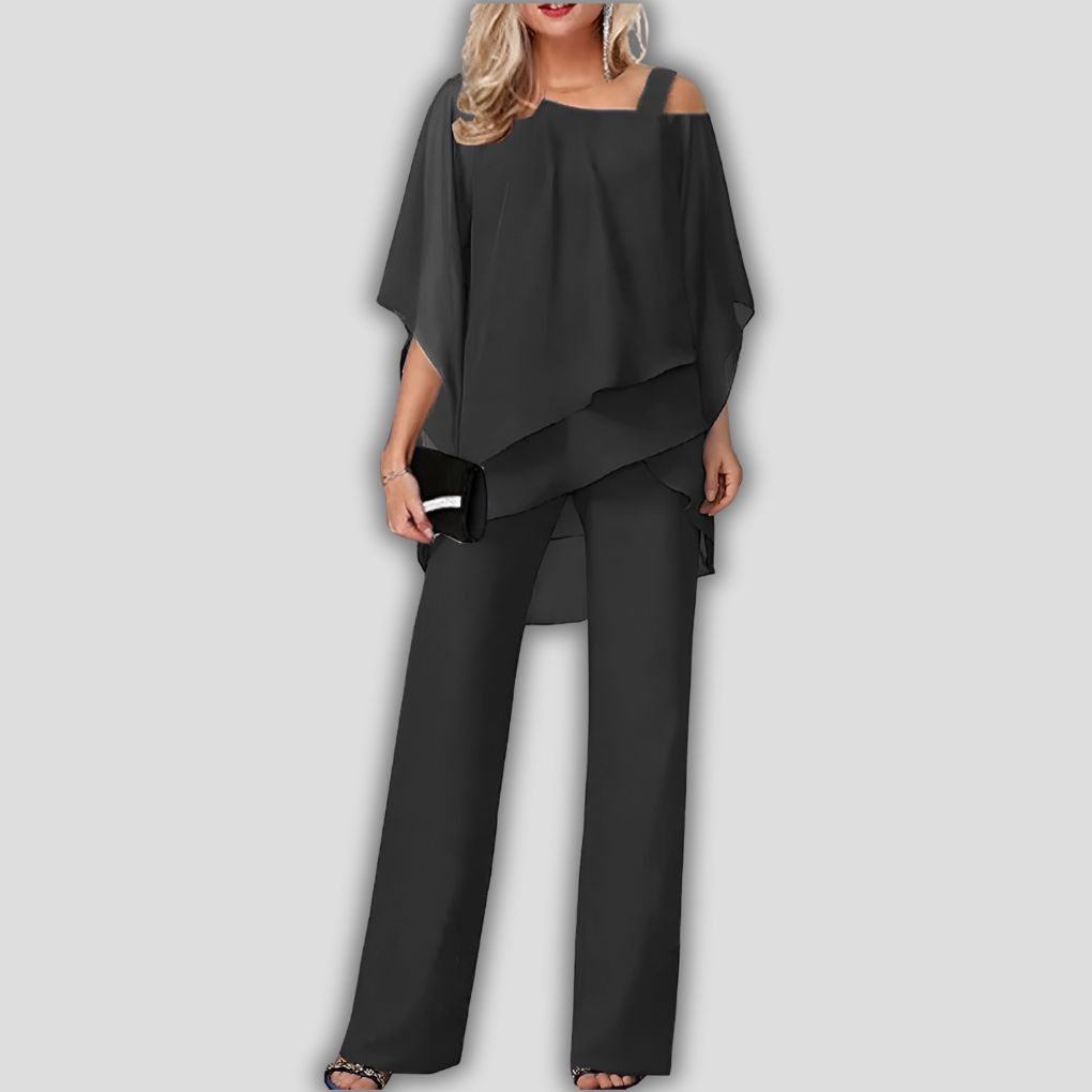 Heloise Chiffon Pantsuit with Layered Cape Top Two Piece