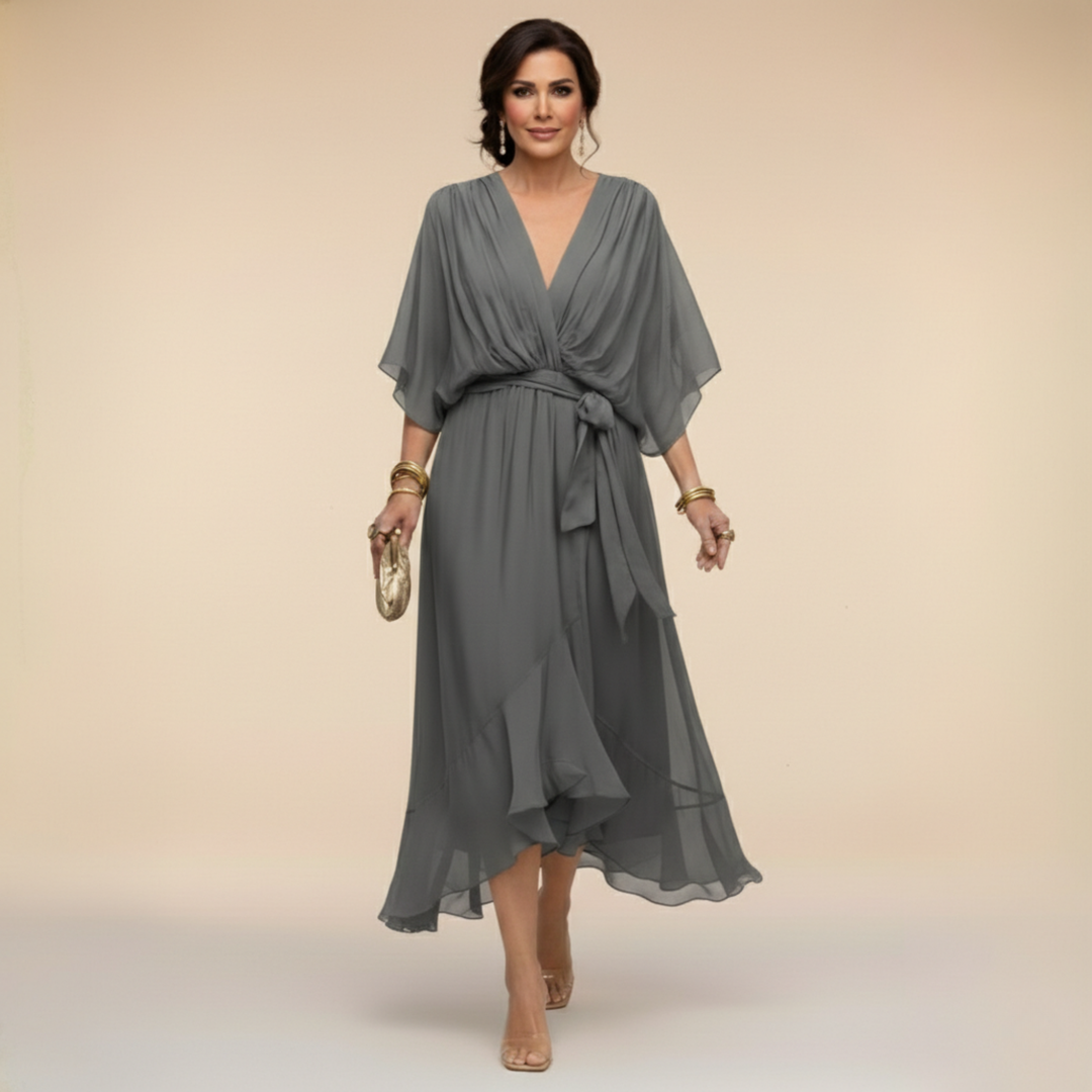 Charlotte Elegant V-Neck Flowy Sleeve Midi Dress