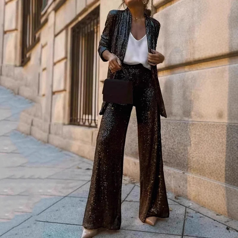 Joliea Two Piece Sequin Set with High-Waisted Pants