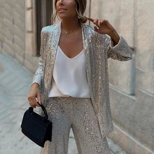 Joliea Two Piece Sequin Set with High-Waisted Pants