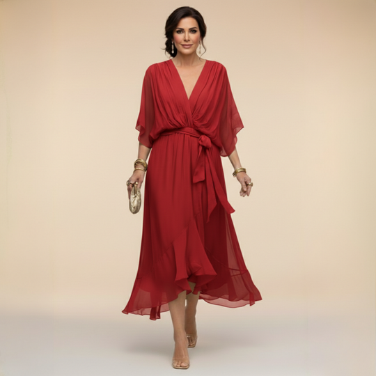 Charlotte Elegant V-Neck Flowy Sleeve Midi Dress