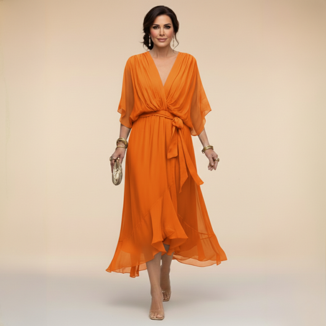 Charlotte Elegant V-Neck Flowy Sleeve Midi Dress