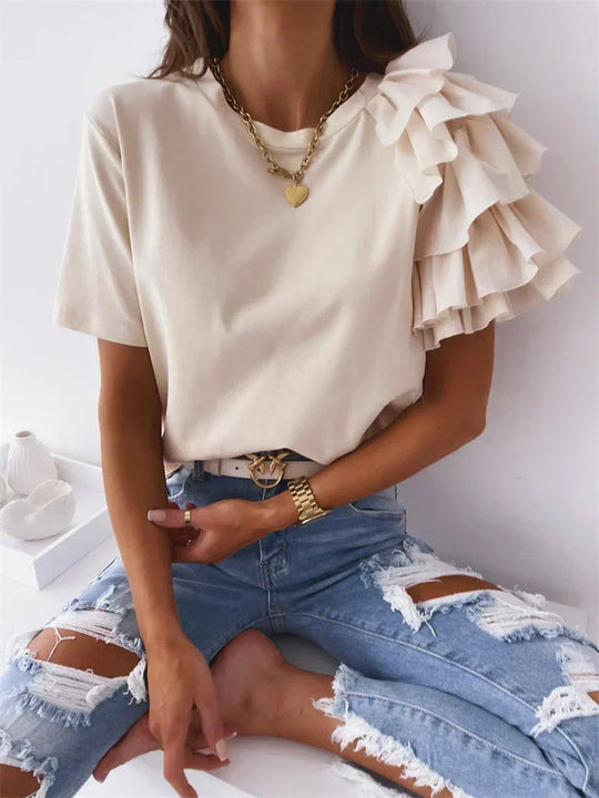 Dorelia Ruffle Sleeves T-Shirt Top with Ruffle Sleeves and Unique Design