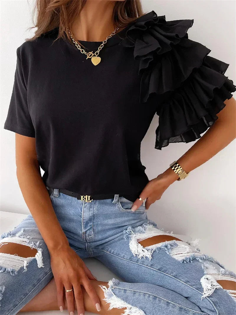 Dorelia Ruffle Sleeves T-Shirt Top with Ruffle Sleeves and Unique Design