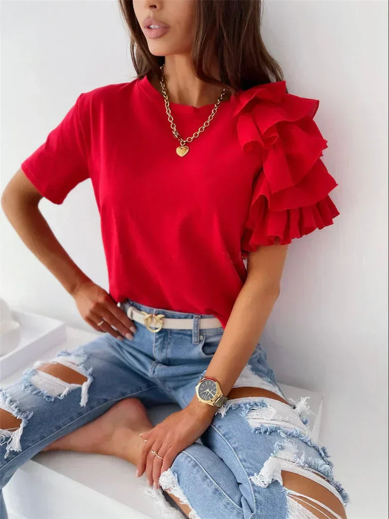 Dorelia Ruffle Sleeves T-Shirt Top with Ruffle Sleeves and Unique Design