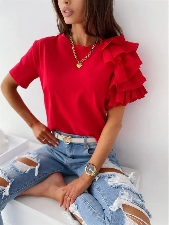 Dorelia Ruffle Sleeves T-Shirt Top with Ruffle Sleeves and Unique Design