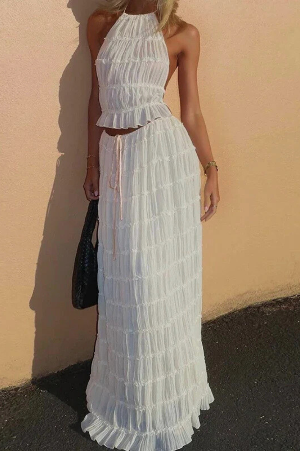 Novaline Textured Ruched Maxi Skirt Set