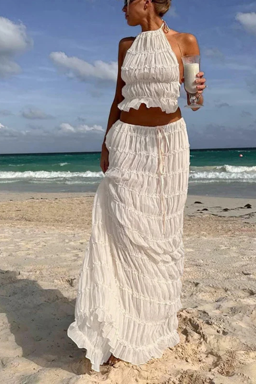 Novaline Textured Ruched Maxi Skirt Set