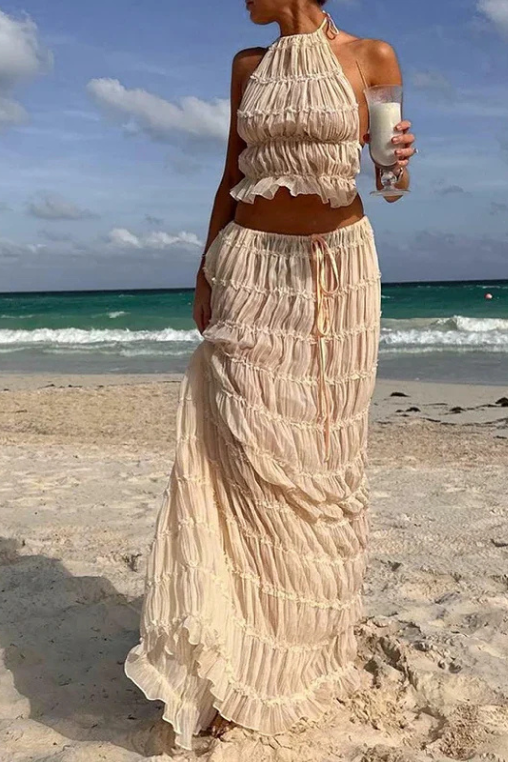 Novaline Textured Ruched Maxi Skirt Set