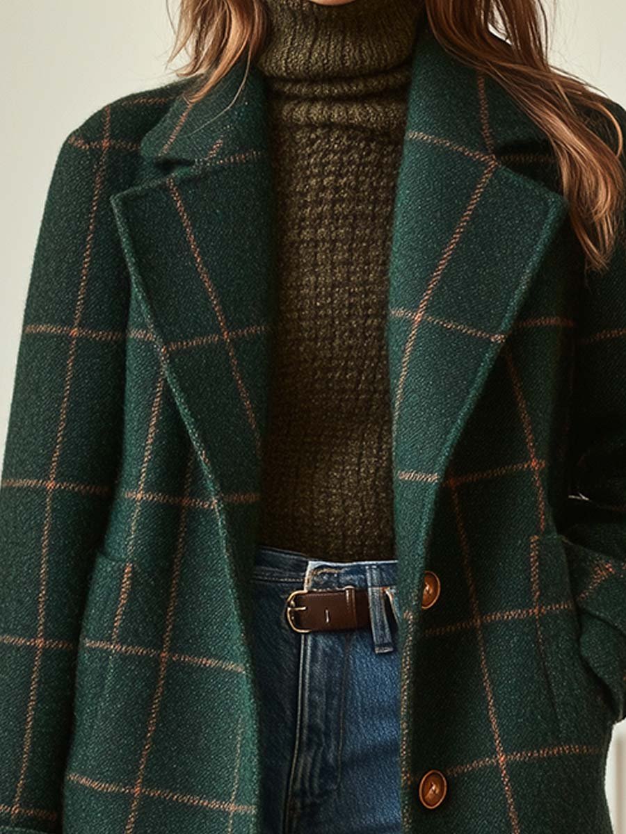 Heather Plaid Button Closure Coat