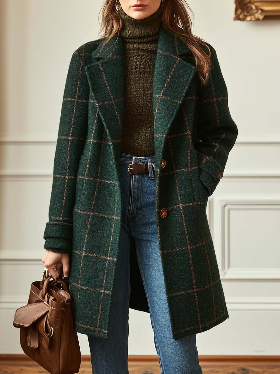 Heather Plaid Button Closure Coat