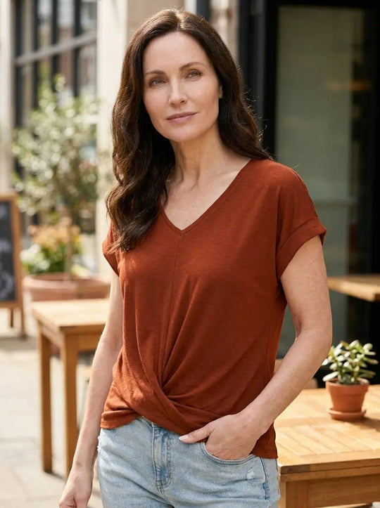 Melisande V-Neck Twist Front Short Sleeve T-Shirt