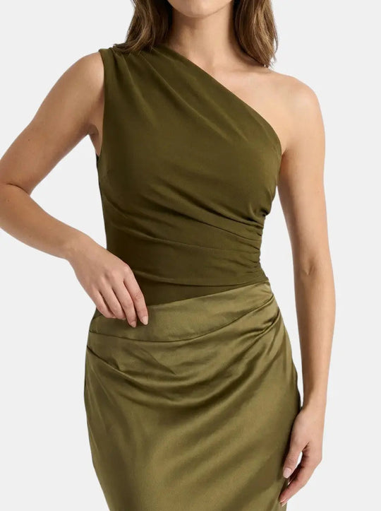 Elvia Pleated One-Shoulder Gown