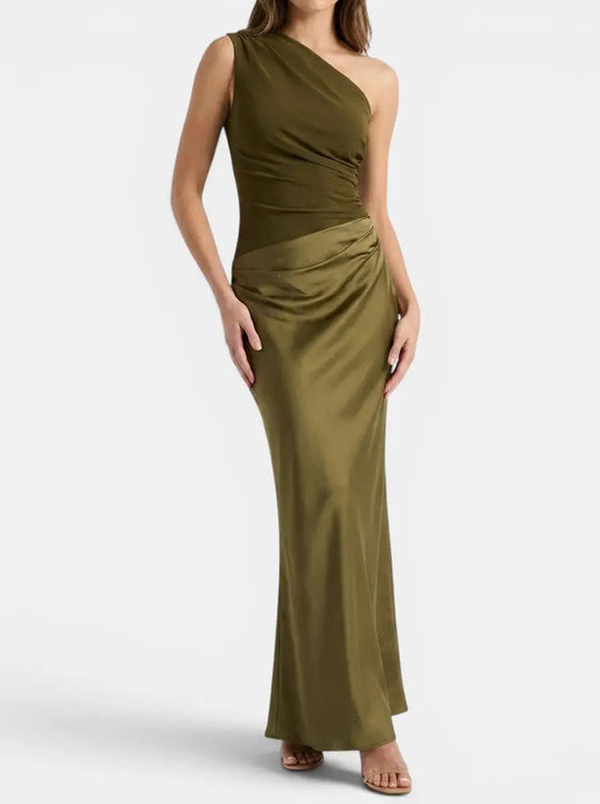 Elvia Pleated One-Shoulder Gown